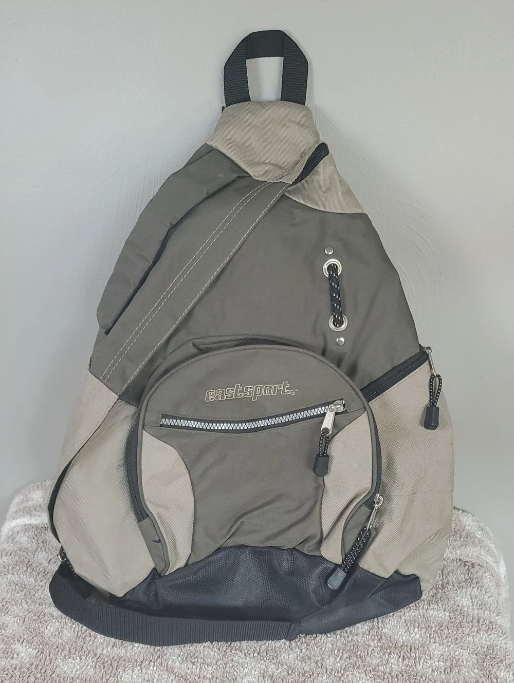 Eastsport Olive and Tan Sling Backpack. Multiple Pockets